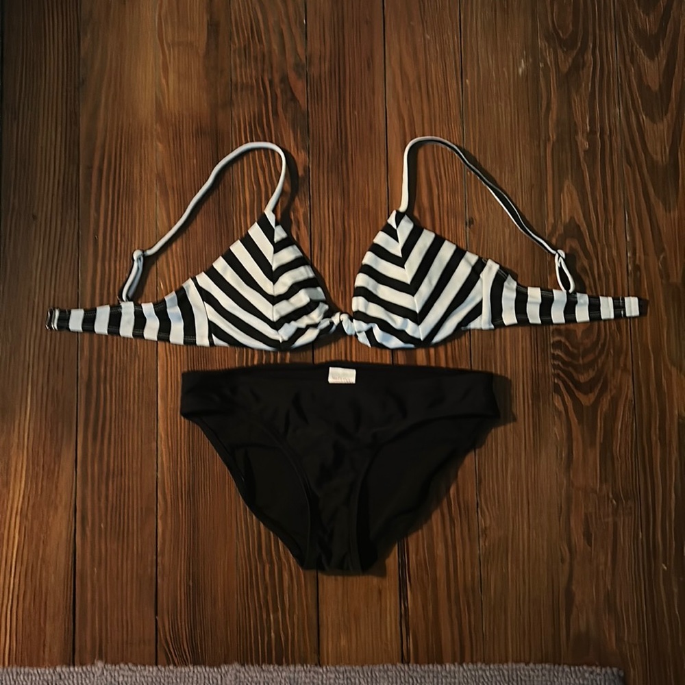Black and white striped tie front bikini